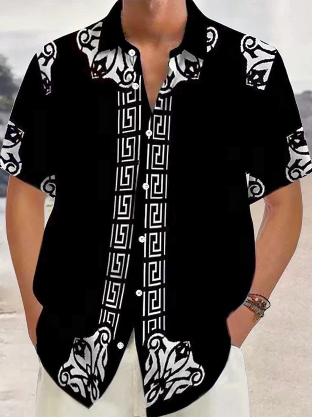 Men's Black & White Geometric Button-Up Shirt 2X